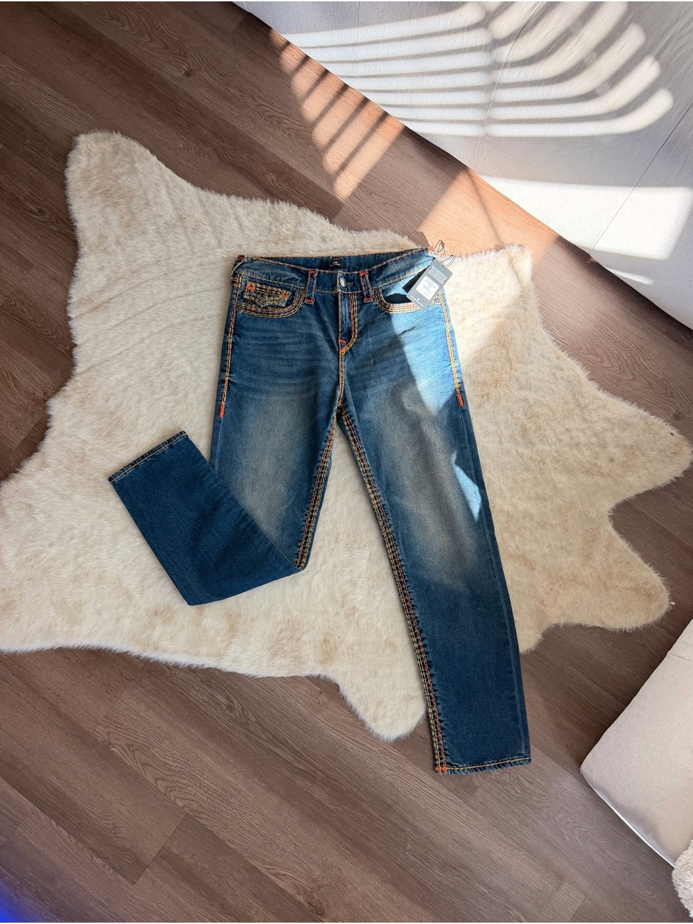 True Religion Dark Blue Straight Leg Jeans with Contrast Stitching